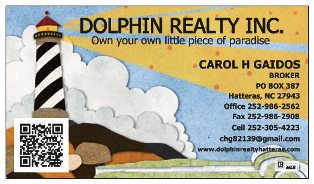 Business card for Dolphin Realty Inc. with a lighthouse image, contact info, QR code, and broker’s name, Carol H Gaidos.