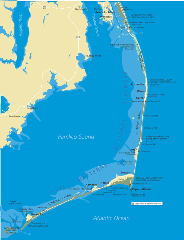 Map of Cape Hatteras National Seashore showing highways, towns, landmarks, and nearby bodies of water.