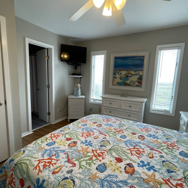 Bedroom with sea-themed bedding, dresser, wall art, TV, ceiling fan, and two windows letting in natural light.