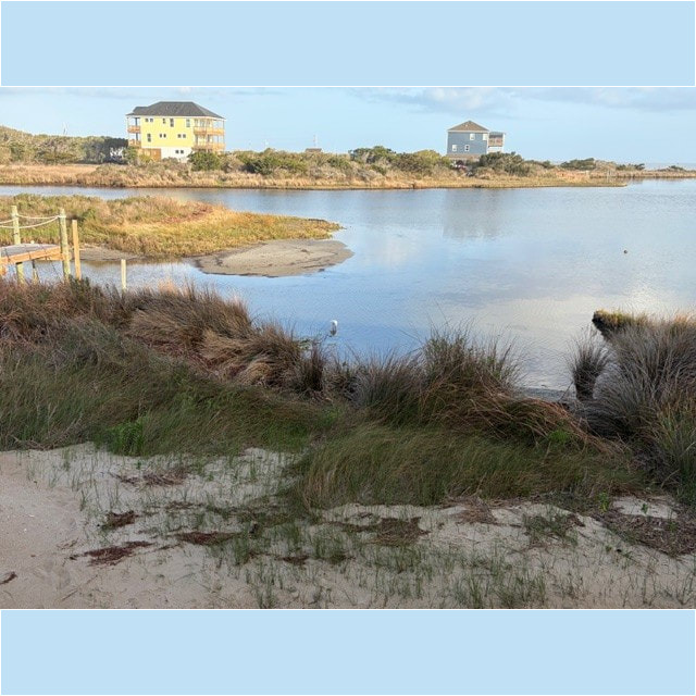 A pond bordered by tall grass with two houses in the background under a partly cloudy sky.