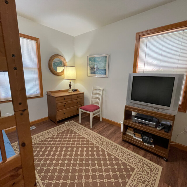 Small room with a bunk bed, dresser, chair, lamp, TV on a stand, patterned rug, and two windows with blinds.