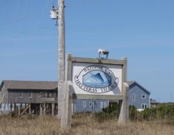 Wooden sign reads “Welcome to Hatteras Village” with a fish illustration; blue house and grass in the background.