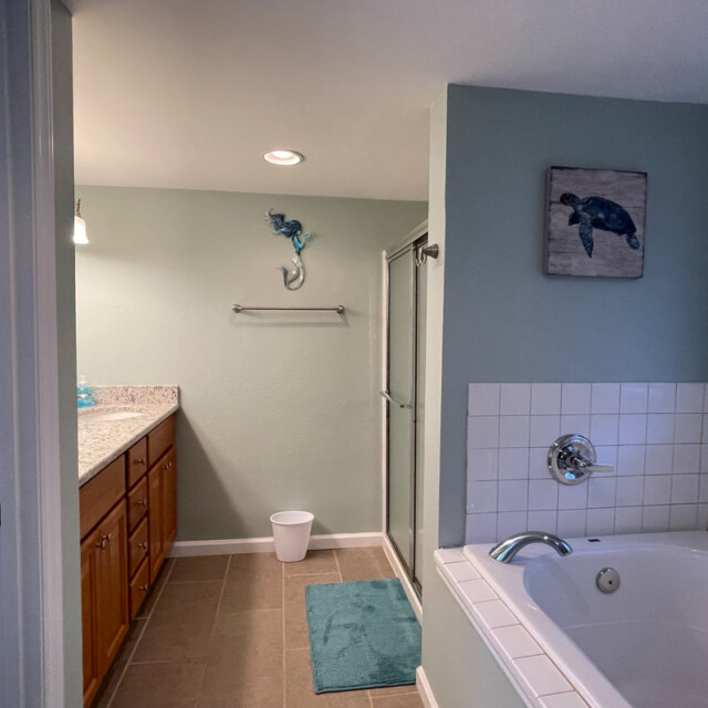 Bathroom with a bathtub, shower, double-sink vanity, blue walls, and turtle-themed wall art.