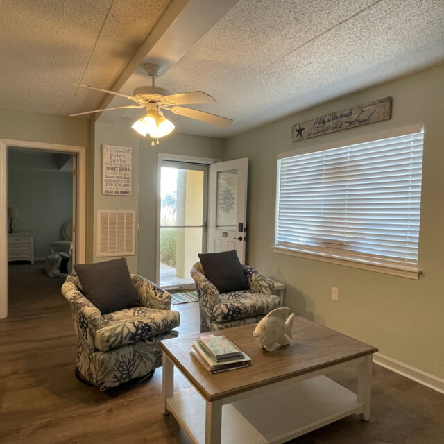 Living room with two armchairs, a coffee table, window blinds, ceiling fan, and a door leading outside.
