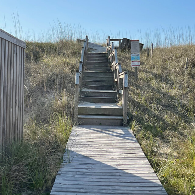 Wooden boardwalk and stairs lead up a grassy sand dune under a clear blue sky, with signs posted at the top.