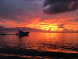 A boat moves across calm water at sunset, with the sky and clouds lit in vibrant orange and yellow tones.