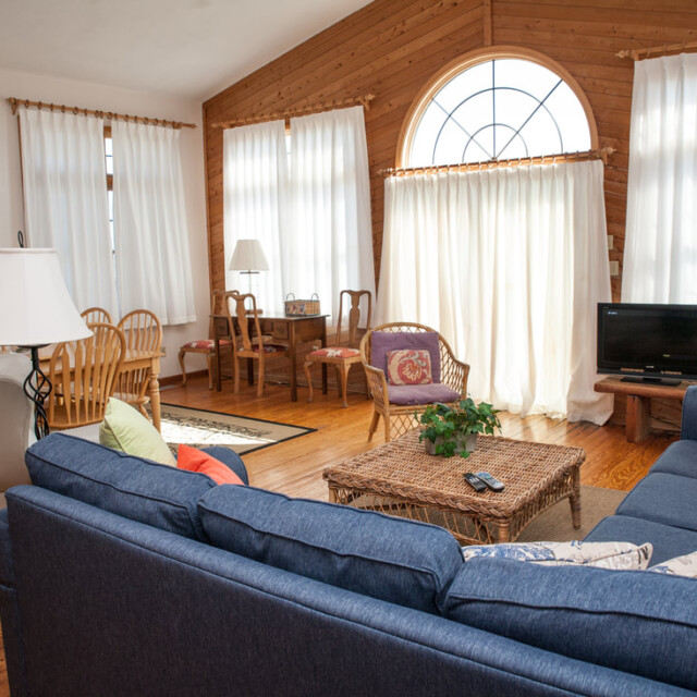Living room with blue sectional sofa, coffee table, TV, dining area, large windows, and wood-paneled vaulted ceiling.