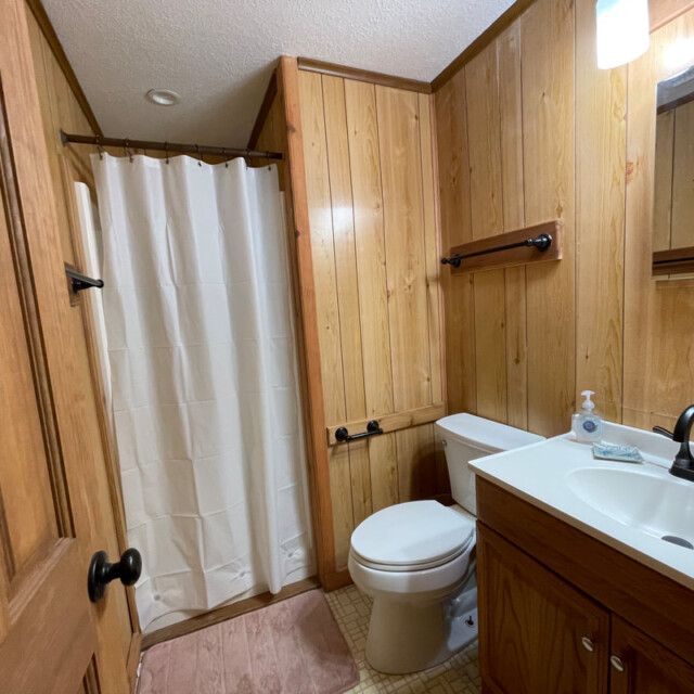 Small bathroom with wood-paneled walls, white shower curtain, toilet, sink, mirror, soap dispenser, and towel racks.