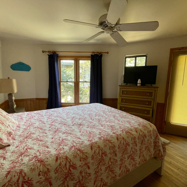 Bedroom with a queen bed, ceiling fan, TV on a dresser, window with dark curtains, and door with blinds.
