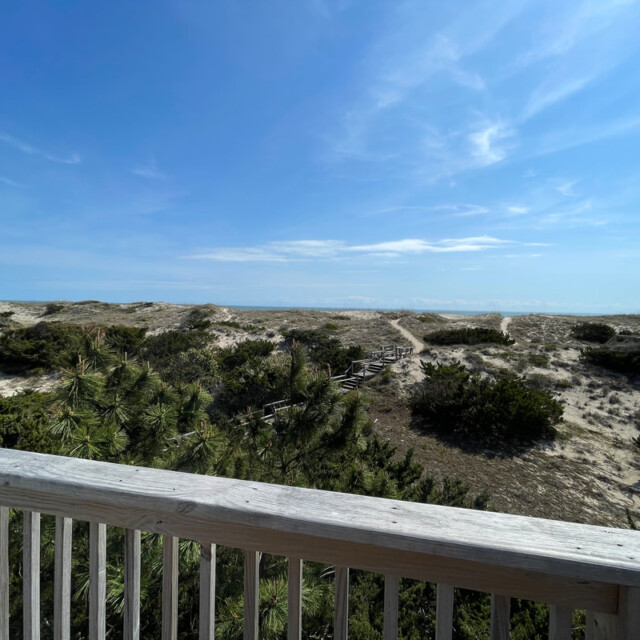 View of sandy dunes, scattered shrubs, and a wooden fence under a blue sky, seen from a deck railing.