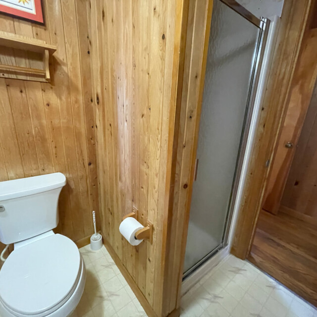 Wood-paneled bathroom with a toilet, toilet brush, wall-mounted toilet paper, and a shower with a glass door.