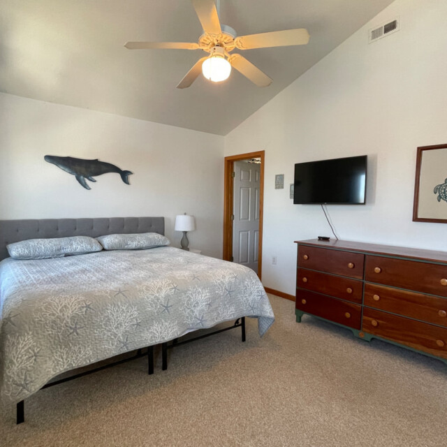Bedroom with a king bed, whale wall art, ceiling fan, TV, dresser, and framed turtle art on white walls.