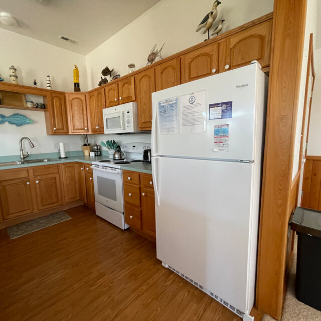 Kitchen with wood cabinets, white appliances, a coffee maker, and decorative seabird figurines on top of the cabinets.