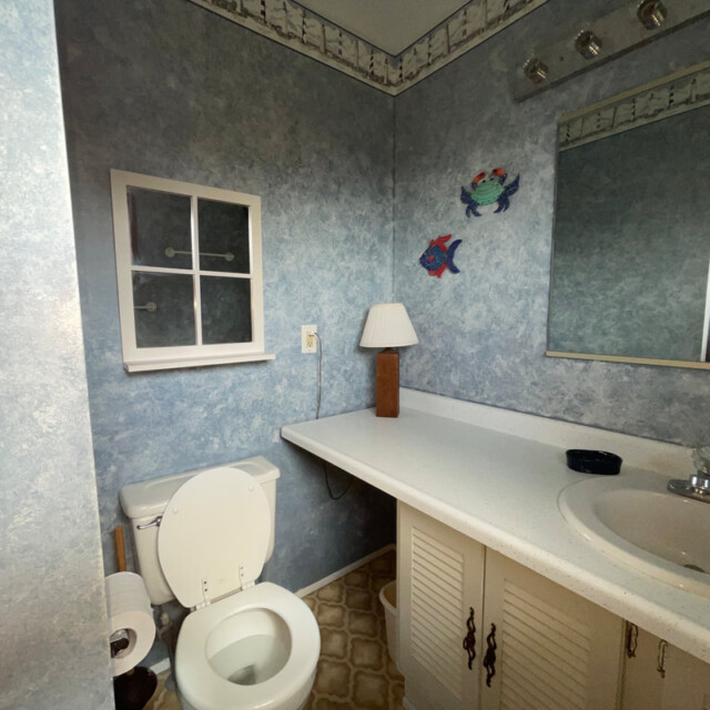 Small bathroom with blue walls, a toilet, sink, countertop, lamp, mirror, and crab wall decor.