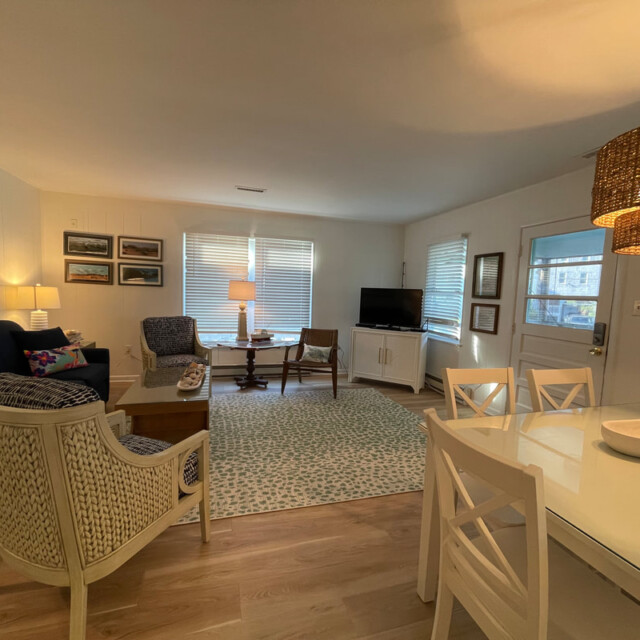 Bright living and dining area with wicker chairs, a sofa, TV, and large windows letting in natural light.