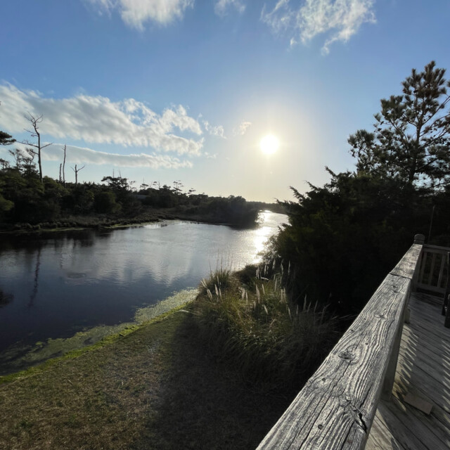 A river flows beside a wooden deck with trees and grass under a bright sun and partially cloudy sky.