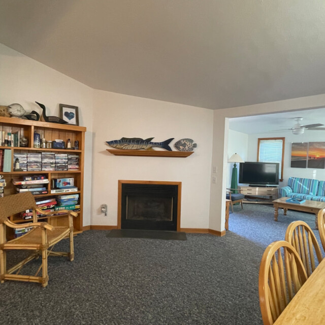 Living room with bookshelves, a wooden chair, a fireplace, and a view into a sunlit sitting area with a TV.