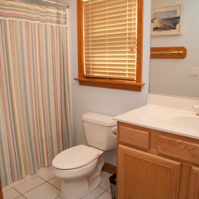 Bathroom with a striped shower curtain, toilet, wooden vanity, window with blinds, and a mirror above the sink.