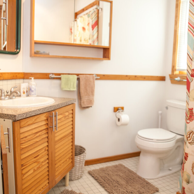 Small bathroom with a sink, toilet, mirror, wooden cabinet, and a shower curtain with a seashell pattern.